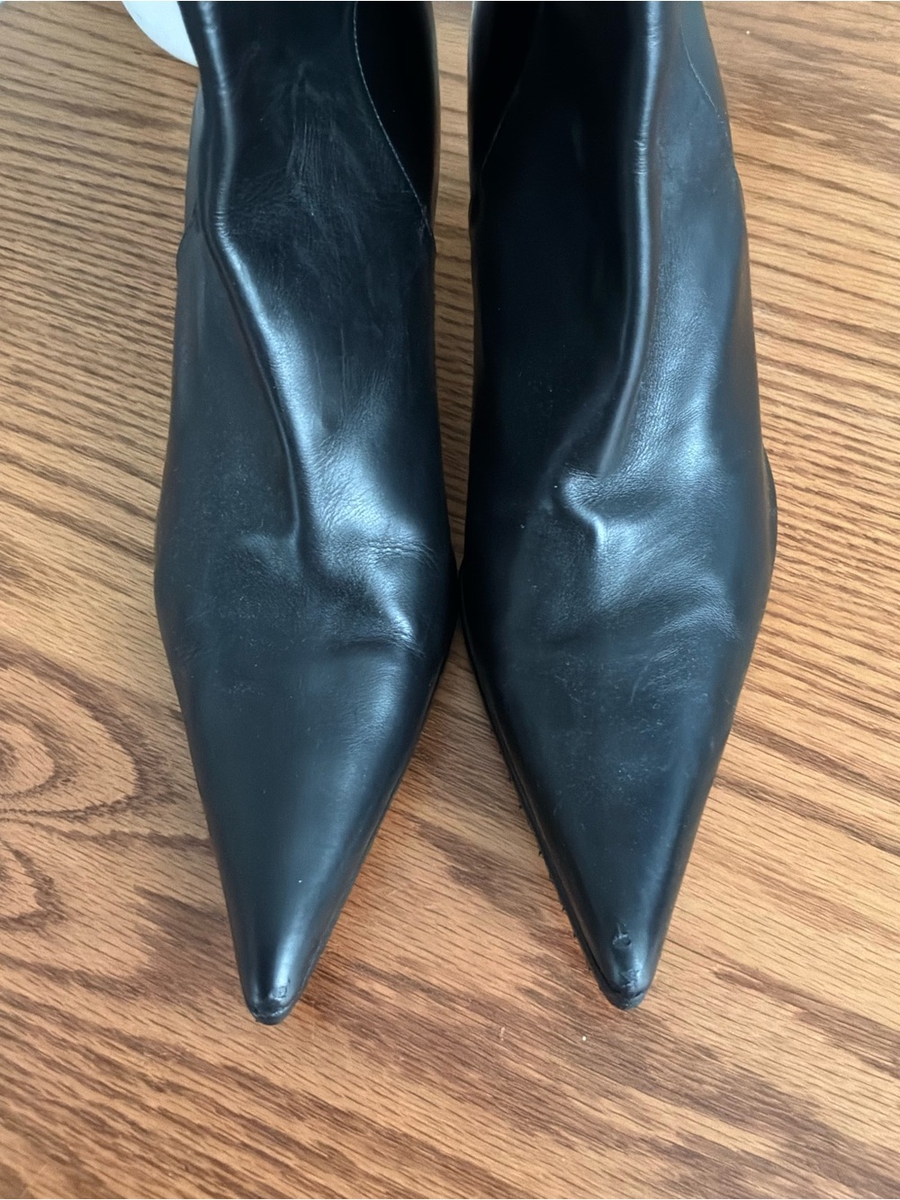 Women's Black Pointed-Toe Mid-Calf Leather Heel Boots - Picture 6 of 7